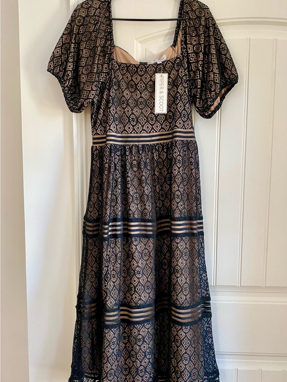 Polagram Black Lace Overlay Midi Dress with Nude Lining